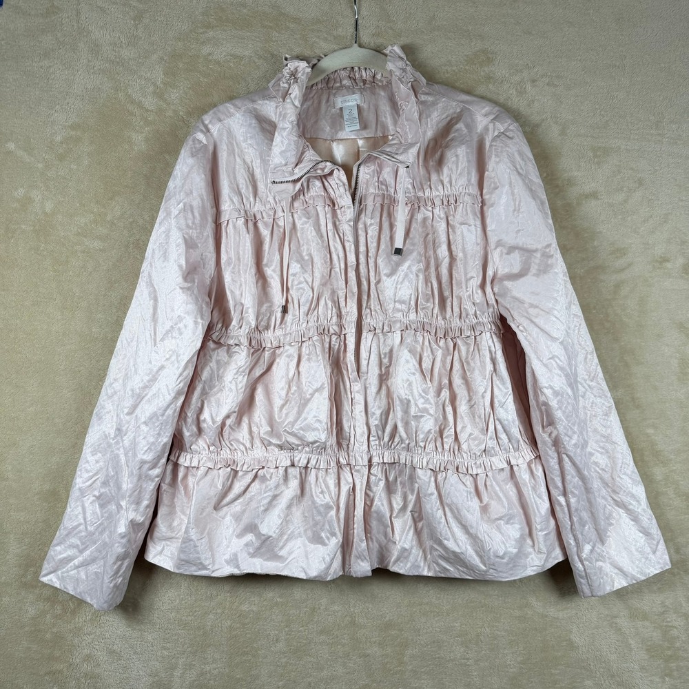 Chicos Lightweight Ruffle Drawstring Jacket Pink Size 2 Stylish‎ Outerwear Chic